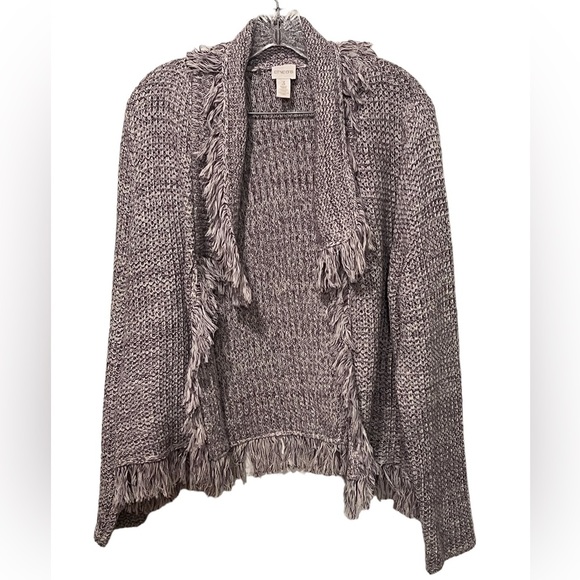 Chico’s Freida fringed open front cardigan in lilac and silver metallic thread - Picture 3 of 11